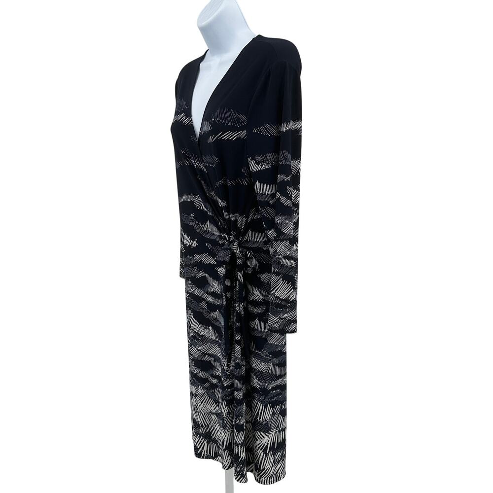 BCBGMAXAZRIA Adele Midnight Wrap Dress SZ L Navy Blue White Printed Long Sleeve - Picture 3 of 10